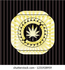 marijuana leaf, weed icon inside golden badge