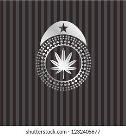 marijuana leaf, weed icon inside silvery badge