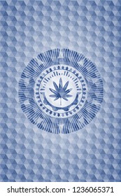 marijuana leaf, weed icon inside blue badge with geometric background.