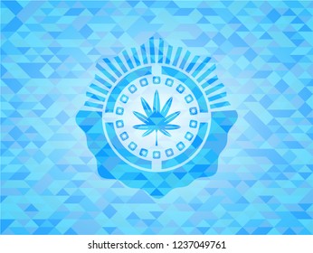 marijuana leaf, weed icon inside realistic light blue emblem. Mosaic background