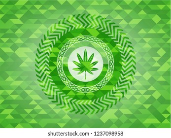 marijuana leaf, weed icon inside realistic green emblem. Mosaic background