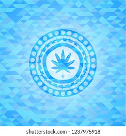 marijuana leaf, weed icon inside light blue emblem with mosaic ecological style background