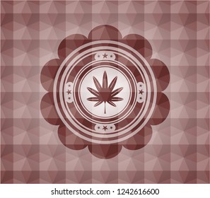 marijuana leaf, weed icon inside red seamless emblem with geometric background.