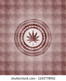 marijuana leaf, weed icon inside red emblem with geometric pattern background. Seamless.