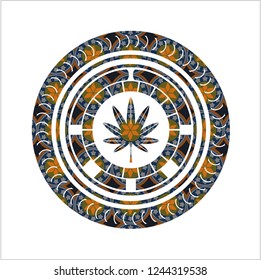 marijuana leaf, weed icon inside arabic badge background. Arabesque decoration.