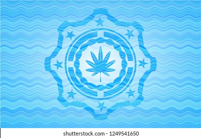 marijuana leaf, weed icon inside sky blue water badge background.