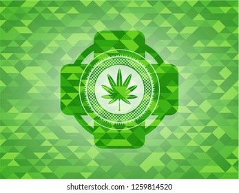 marijuana leaf, weed icon inside green emblem with mosaic ecological style background