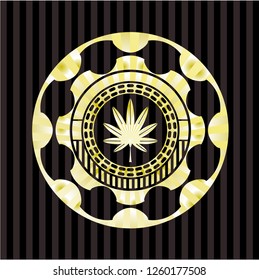 marijuana leaf, weed icon inside golden emblem