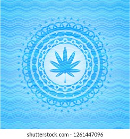 marijuana leaf, weed icon inside light blue water wave badge background.