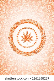 marijuana leaf, weed icon inside abstract emblem, orange mosaic background
