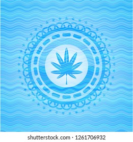 marijuana leaf, weed icon inside water representation style badge.