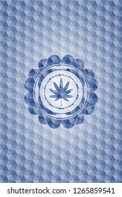 marijuana leaf, weed icon inside blue badge with geometric background.