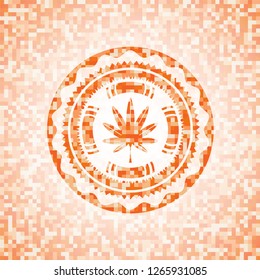 marijuana leaf, weed icon inside orange mosaic emblem with background