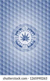 marijuana leaf, weed icon inside blue badge with geometric pattern.