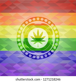 marijuana leaf, weed icon inside emblem on mosaic background with the colors of the LGBT flag