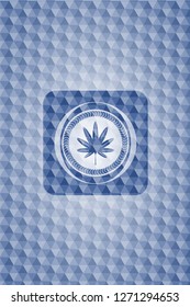 marijuana leaf, weed icon inside blue emblem with geometric pattern background.