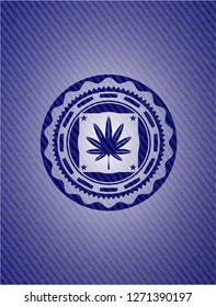 marijuana leaf, weed icon inside emblem with denim high quality background