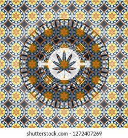 marijuana leaf, weed icon inside arabesque emblem. arabic decoration.