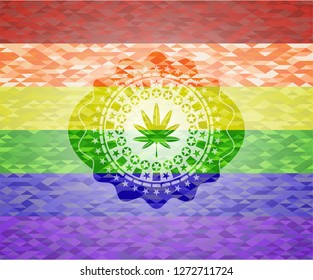 marijuana leaf, weed icon inside emblem on mosaic background with the colors of the LGBT flag