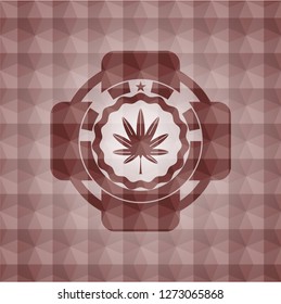 marijuana leaf, weed icon inside red badge with geometric pattern background. Seamless.