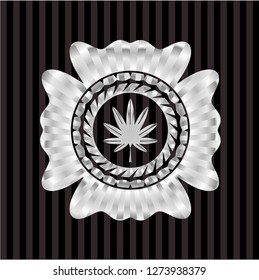 marijuana leaf, weed icon inside silver badge