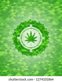 marijuana leaf, weed icon inside green emblem. Mosaic background