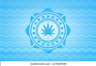marijuana leaf, weed icon inside water representation style badge.