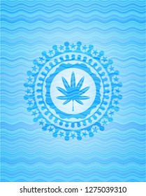 marijuana leaf, weed icon inside water wave concept badge background.