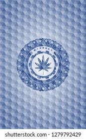 marijuana leaf, weed icon inside blue hexagon badge.