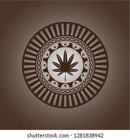 marijuana leaf, weed icon inside vintage wood emblem
