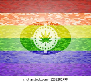 marijuana leaf, weed icon inside emblem on mosaic background with the colors of the LGBT flag