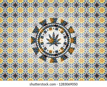 marijuana leaf, weed icon inside arabesque emblem background. arabic decoration.
