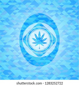 marijuana leaf, weed icon inside realistic sky blue mosaic emblem