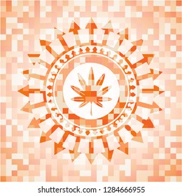 marijuana leaf, weed icon inside abstract orange mosaic emblem with background
