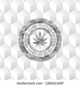 marijuana leaf, weed icon inside realistic grey emblem with cube white background
