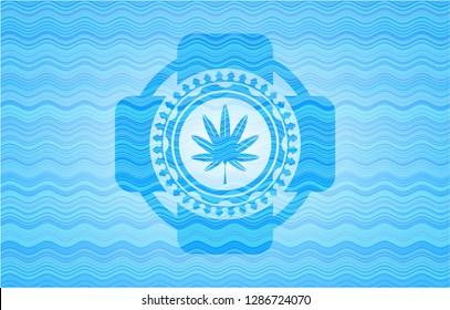 marijuana leaf, weed icon inside water concept style badge.