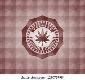 marijuana leaf, weed icon inside red emblem with geometric pattern background. Seamless.