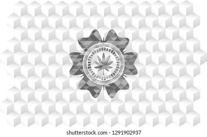 marijuana leaf, weed icon inside grey badge with geometric cube white background