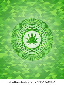 marijuana leaf, weed icon inside green emblem with mosaic ecological style background
