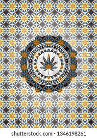 marijuana leaf, weed icon inside arabesque emblem background. arabic decoration.