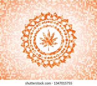 marijuana leaf, weed icon inside orange mosaic emblem with background