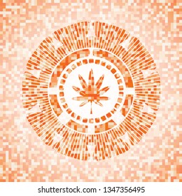 marijuana leaf, weed icon inside orange tile background illustration. Square geometric mosaic seamless pattern with emblem inside.
