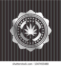 marijuana leaf, weed icon inside silvery emblem or badge