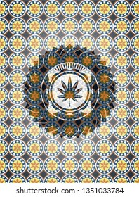 marijuana leaf, weed icon inside arabic style emblem. Arabesque decoration.