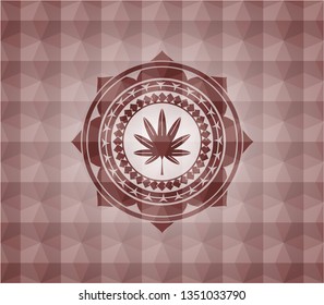 marijuana leaf, weed icon inside red emblem or badge with geometric pattern background. Seamless.