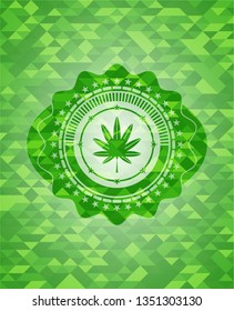 marijuana leaf, weed icon inside green emblem with triangle mosaic background