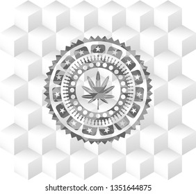 marijuana leaf, weed icon inside grey emblem. Retro with geometric cube white background