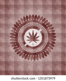  marijuana leaf, weed icon inside red emblem with geometric pattern background. Seamless.