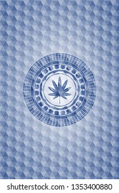 marijuana leaf, weed icon inside blue badge with geometric pattern.