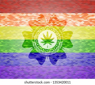marijuana leaf, weed icon inside emblem on mosaic background with the colors of the LGBT flag